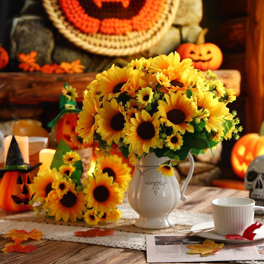 7013 12 Bundles Artificial Sunflowers with Stems Realistic Silk Sunflowers - Picture 1 of 7